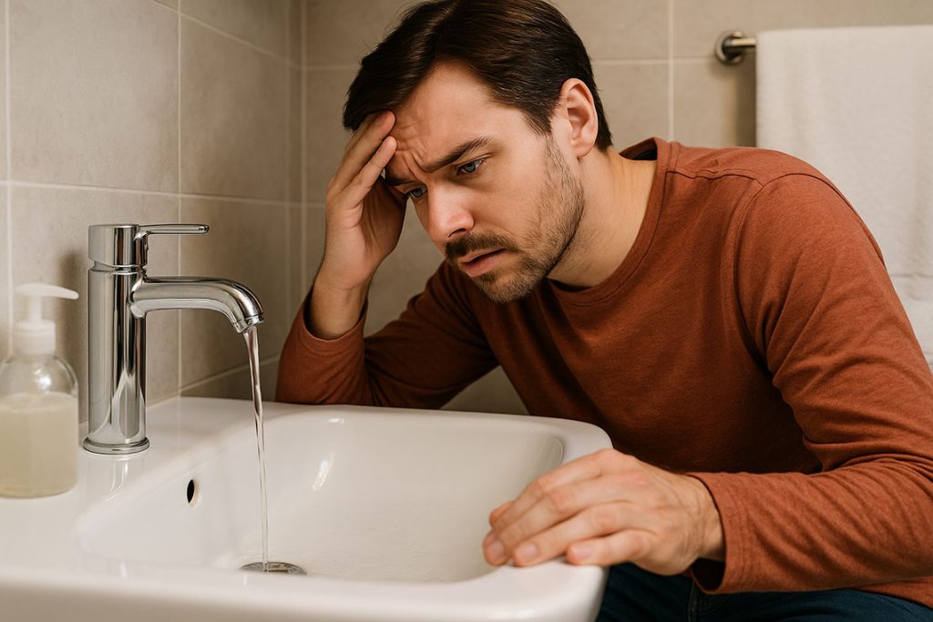 Homeowner noticing slow drains and signs of septic tank issues before scheduling a professional inspection.